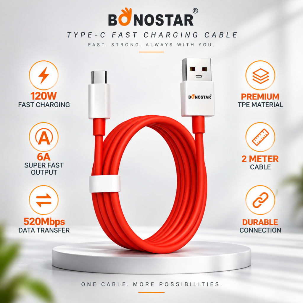 BONOSTAR Type-C Fast Charging Cable – 120W, 6A Super Fast Output, 520Mbps Data Transfer, 2 Meter