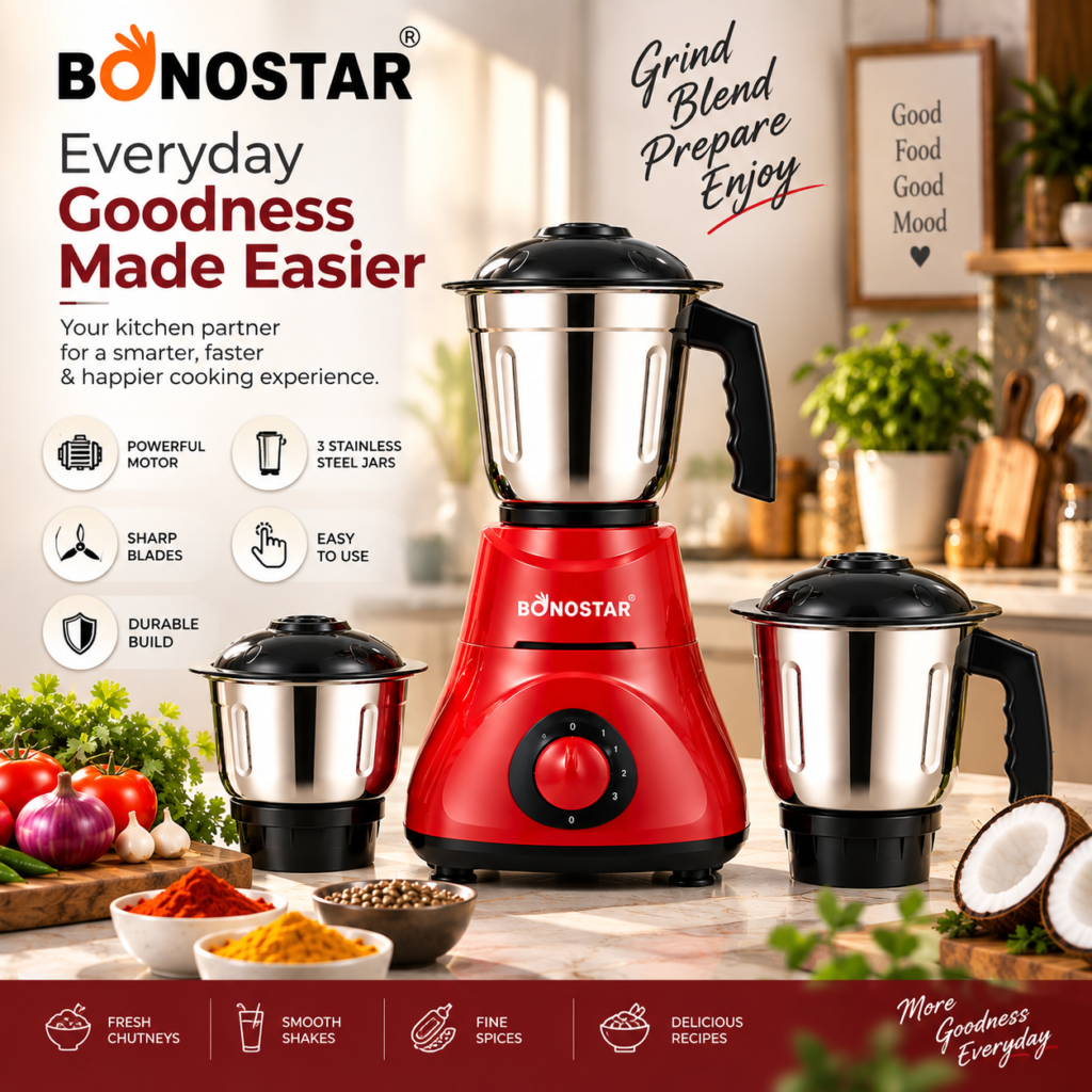 BONOSTAR Mixer Grinder with 3 Stainless Steel Jars