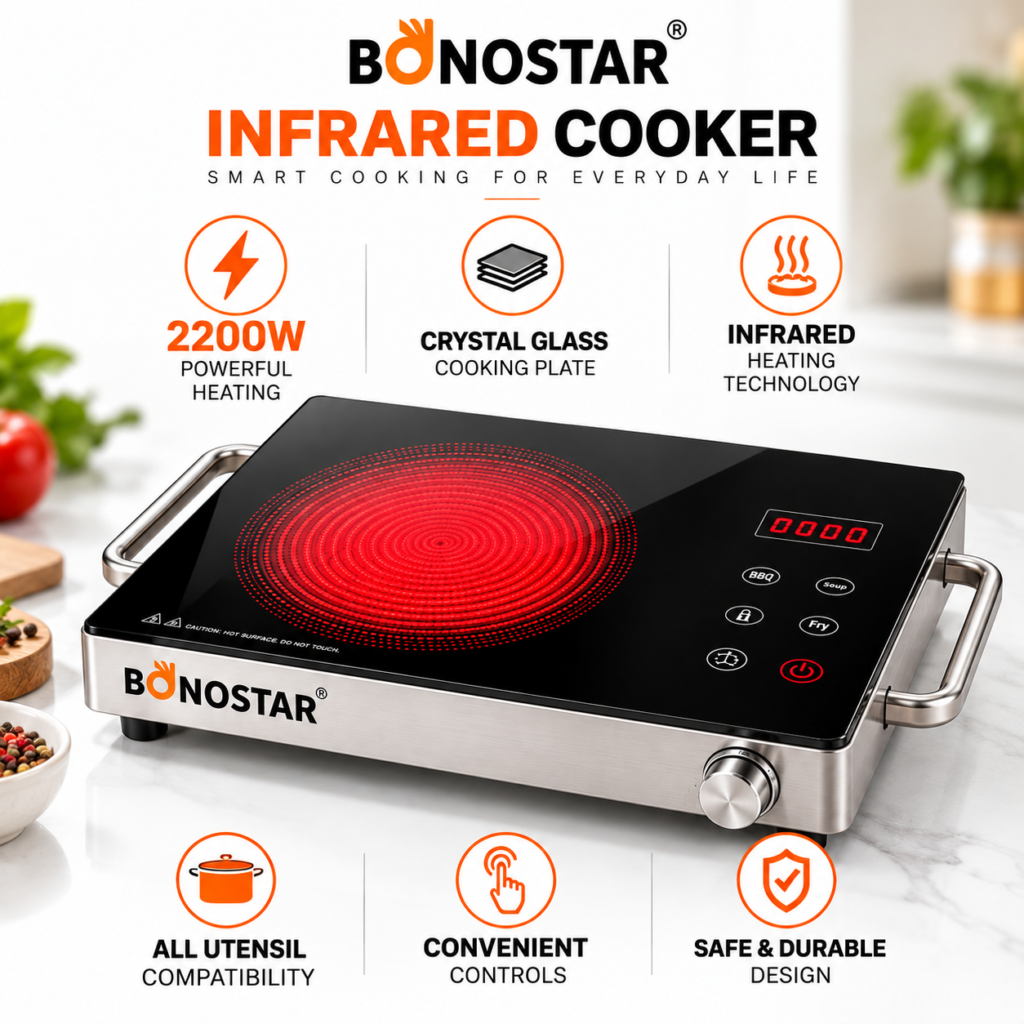 BONOSTAR Infrared Cooker 2200W – Crystal Glass Cooktop, All-Utensil Compatibility, Electric Cooking Stove
