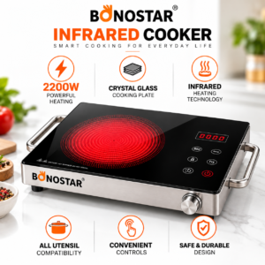BONOSTAR Infrared Cooker 2200W – Crystal Glass Cooktop, All-Utensil Compatibility, Electric Cooking Stove